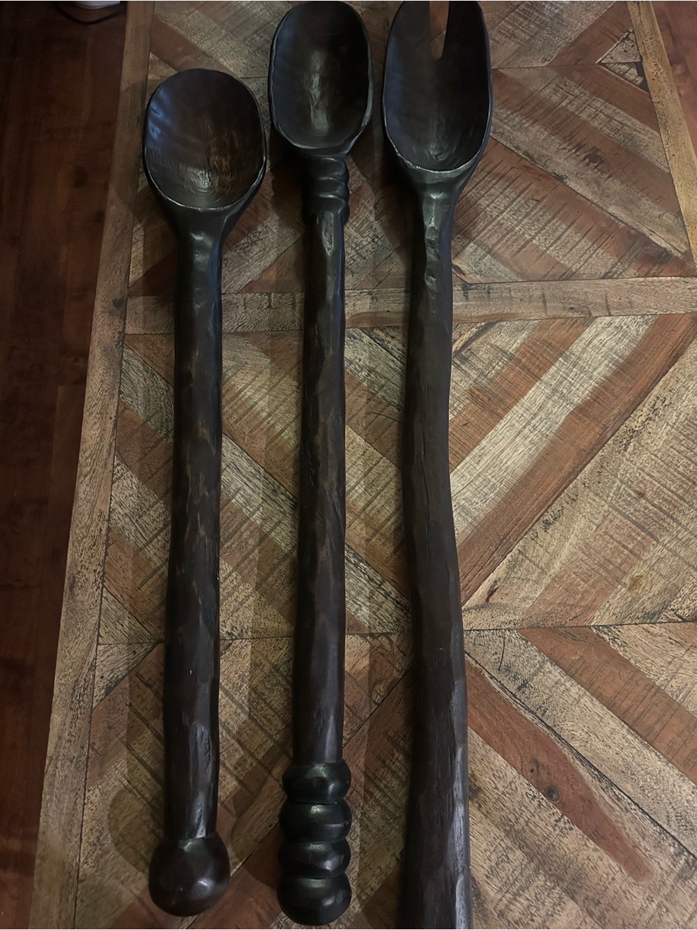 Pottery Barn Dark Brown Carved Wooden Serving Spoons - Set of 3